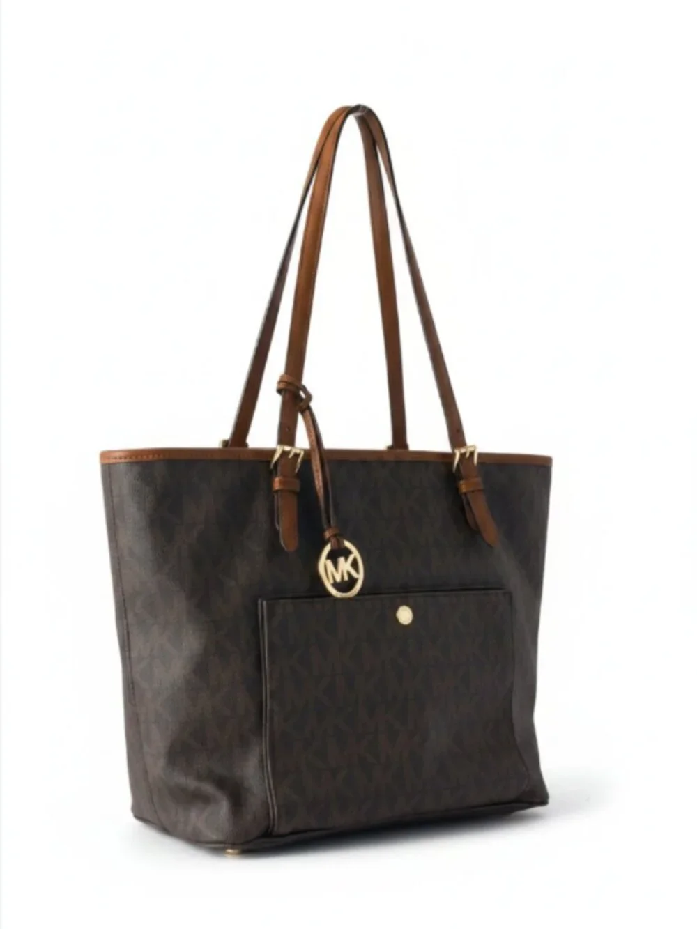 Michael Kors Large Tote Bag Brown MK Signature Logo Gold Charm Zip Top Purse